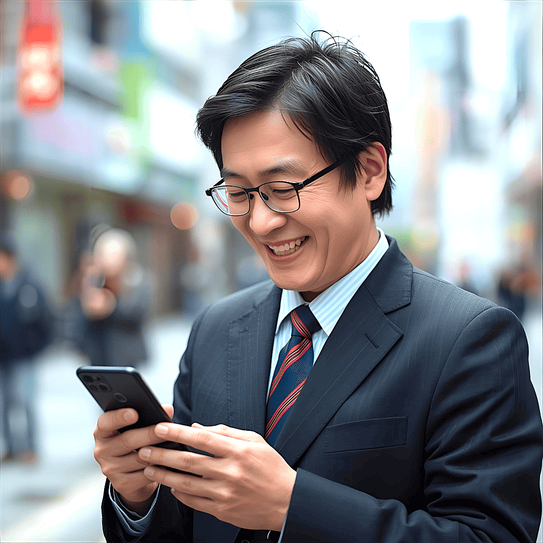 スマホの含み益を眺めてニヤニヤするオジサン